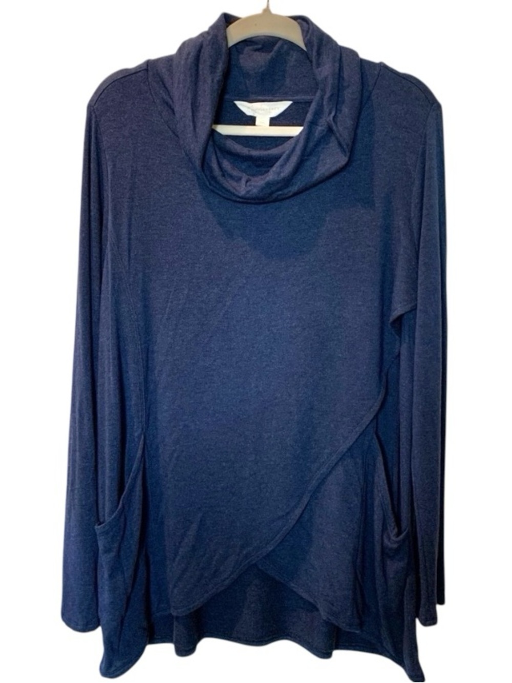 MAGNOLIA GRACE Sweater Navy Blue Tunic XXL Cowl Neck Wrap Front with Pockets